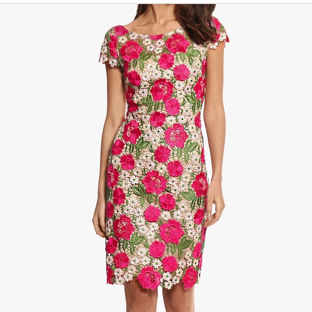 Xscape Women’s Floral Pattern Lace Midi Dress, Size 2, Fushia Roses